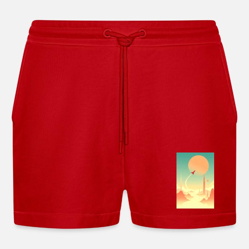 First Journeys Beyond Distant Horizons - Organic Relaxed Cropped Shorts Made in EU - red