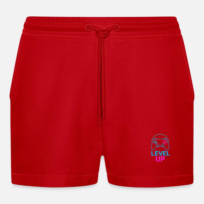 Level Up Neon Controller Grafik - Organic Relaxed Cropped Shorts Made in EU - Rot