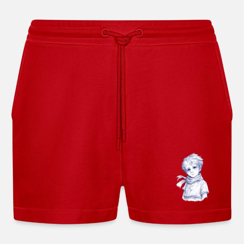 Blauer Bleistiftjunge mit Schal - Organic Relaxed Cropped Shorts Made in EU - Rot