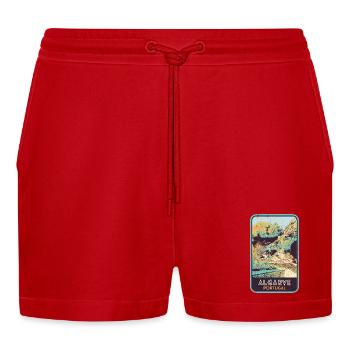 Retro-Abzeichen, Algarve Portugal, Strand Sommersonne - Organic Relaxed Cropped Shorts Made in EU - Rot - Vorne