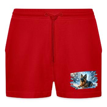 German Shepherd in a magical winter landscape - Organic Relaxed Cropped Shorts Made in EU - red - Front