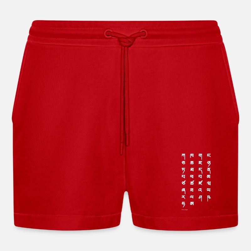 Tibetan script (white) - Organic Relaxed Cropped Shorts Made in EU - red