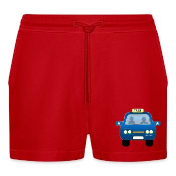 Blaues Taxi Front Karikatur - Organic Relaxed Cropped Shorts Made in EU - Rot - Vorne