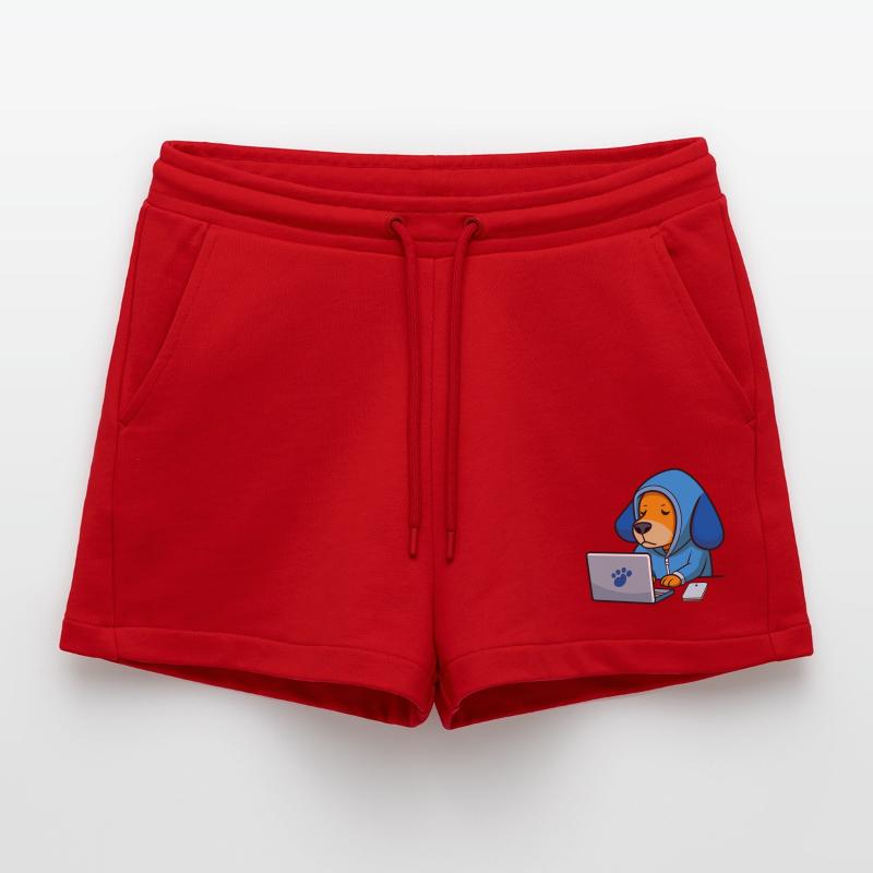 Un chien hacker mignon dort dans un sweat à capuche devant le PC Short bio décontracté court fabriqué en UE