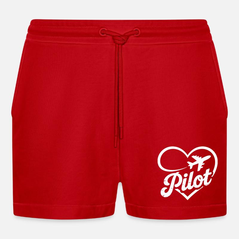 Pilot Herz Flugzeug Flugschein - Organic Relaxed Cropped Shorts Made in EU - Rot