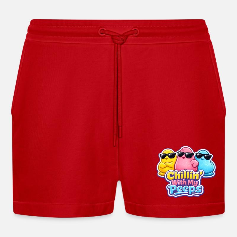 Chick, Spring, Flowers, Summer, Easter, Garden - Organic Relaxed Cropped Shorts Made in EU - red