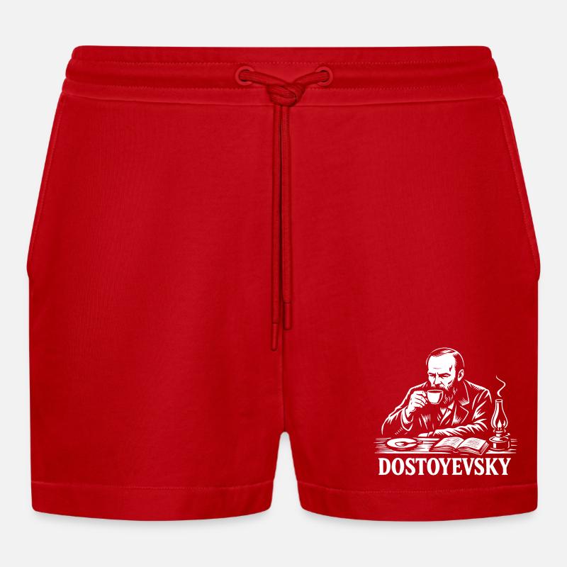Dostojewski beim Kaffeeporträt - Organic Relaxed Cropped Shorts Made in EU - Rot