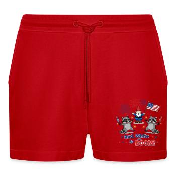 Raccoon 4th of July Fireworks Party - Organic Relaxed Cropped Shorts Made in EU - red - Front