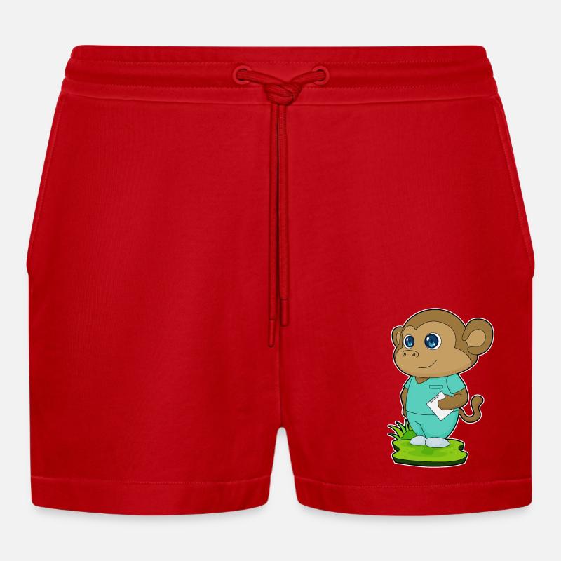 Monkey Nurse Sticky Notes - Organic Relaxed Cropped Shorts Made in EU - red