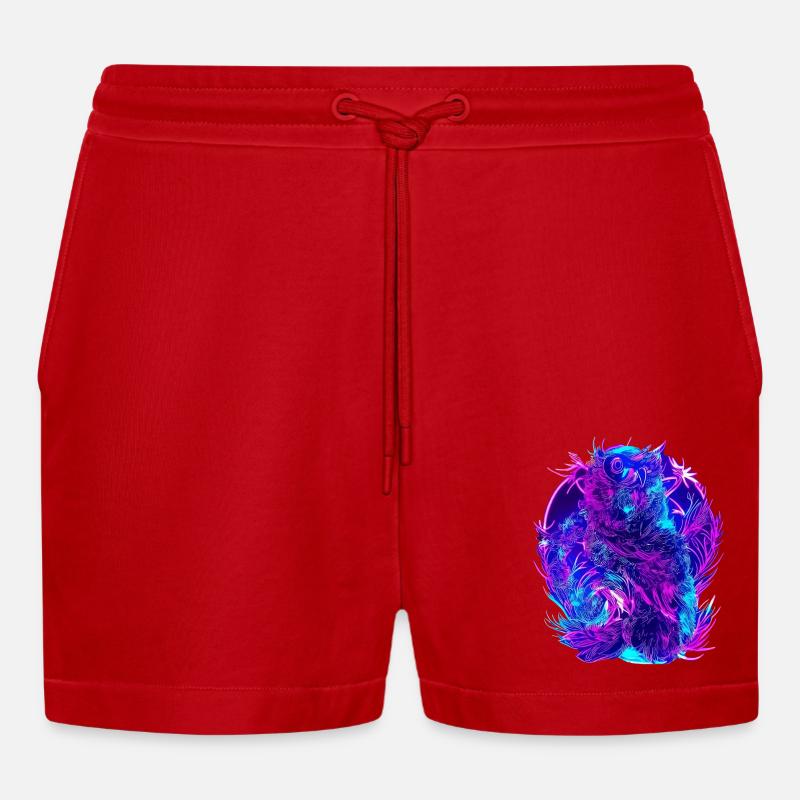 Abstrakte Eulen Neon Synthwave Kunst - Organic Relaxed Cropped Shorts Made in EU - Rot