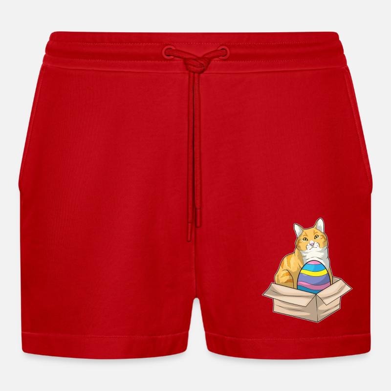 Cat Easter Easter Egg - Organic Relaxed Cropped Shorts Made in EU - red