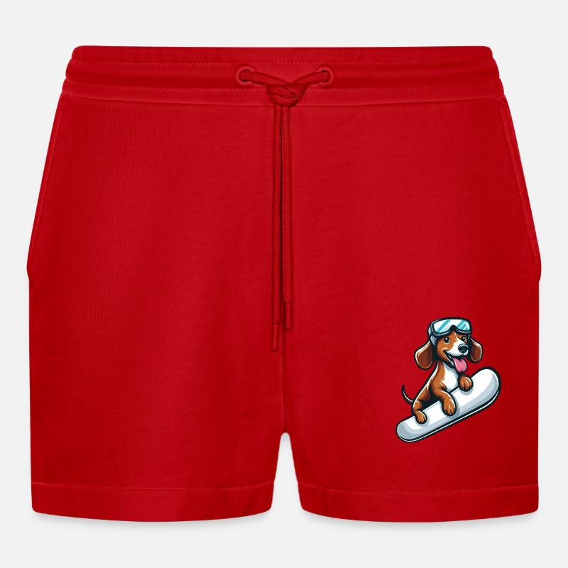 Dackel Hund Snowboard Comics Winterspaß - Organic Relaxed Cropped Shorts Made in EU - Rot