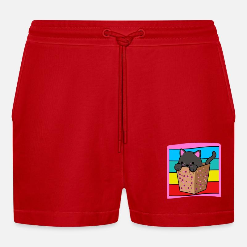 Cat in a box - Organic Relaxed Cropped Shorts Made in EU - red