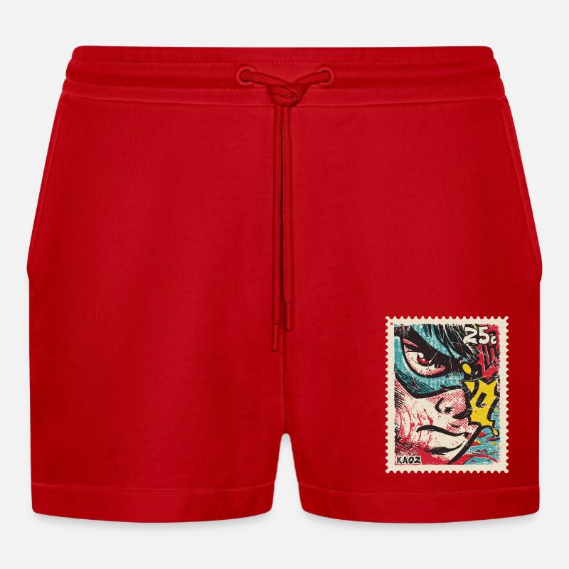 Comic-Held als Retro-Briefmarke - Organic Relaxed Cropped Shorts Made in EU - Rot