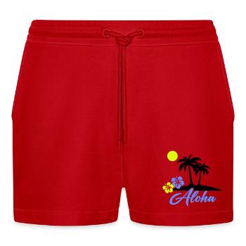 Aloha Hibiscus Neon Script - Organic Relaxed Cropped Shorts Made in EU - red - Front