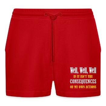 Well Funny Actions Humor Consequences Graphic - Organic Relaxed Cropped Shorts Made in EU - red - Front