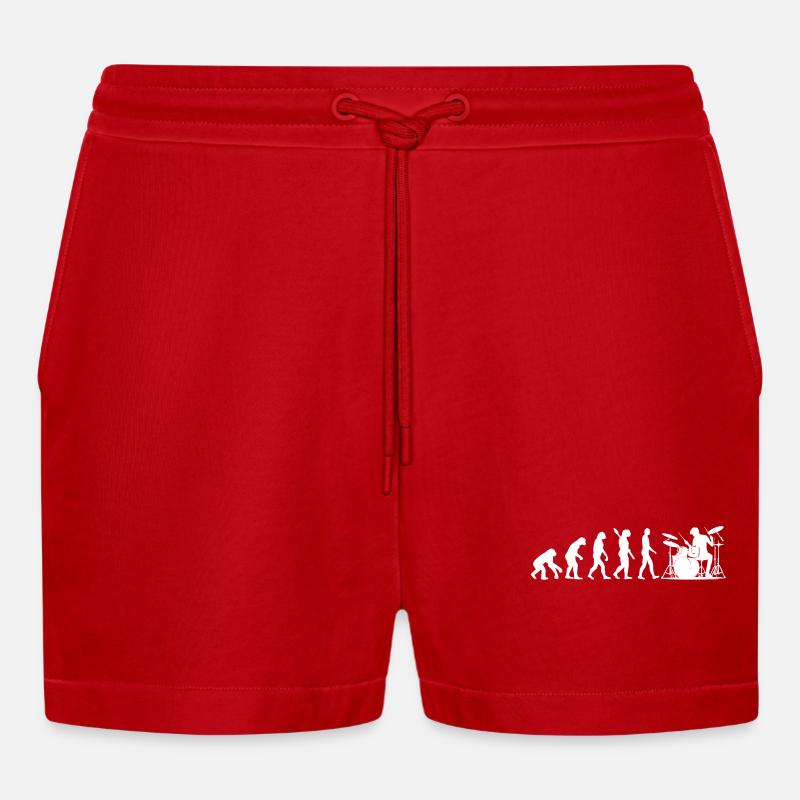 Evolution Drummer Silhouette Motif - Organic Relaxed Cropped Shorts Made in EU - red