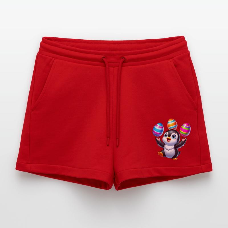 Penguin juggles colorful Easter eggs Easter Organic Relaxed Cropped Shorts Made in EU