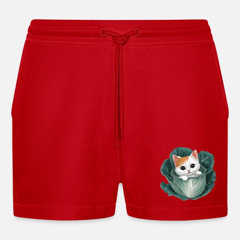 Kitten Peeking from Cabbage Leaf - Organic Relaxed Cropped Shorts Made in EU - red