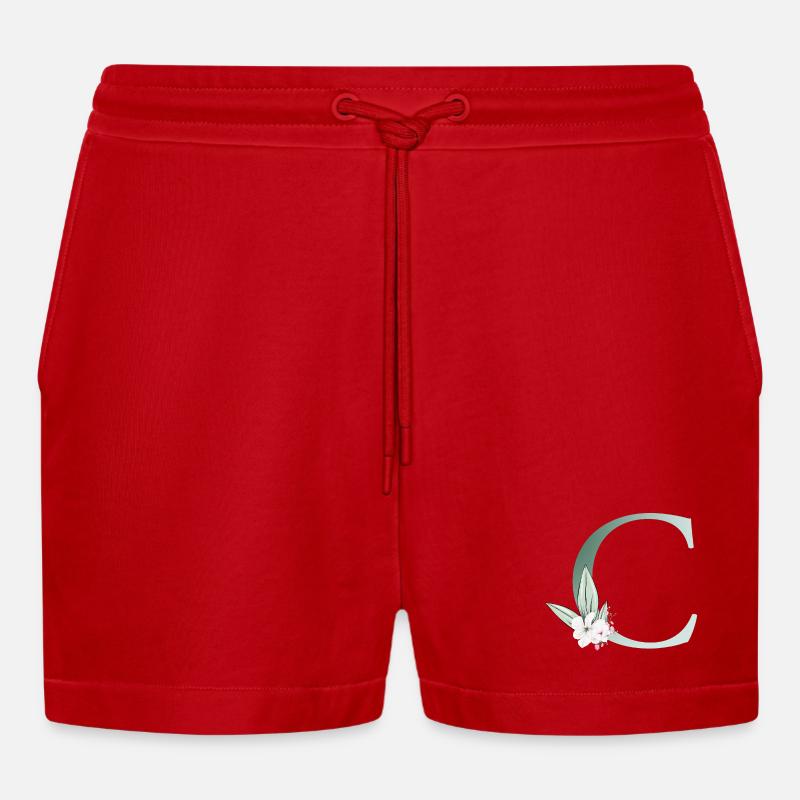 C Monogram, Floral, Customizable - Organic Relaxed Cropped Shorts Made in EU - red