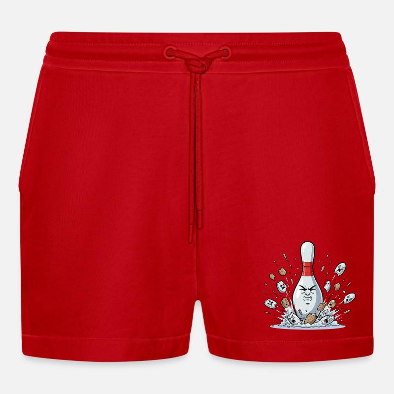 Exploding Bowling Pin Cartoon - Organic Relaxed Cropped Shorts Made in EU - red