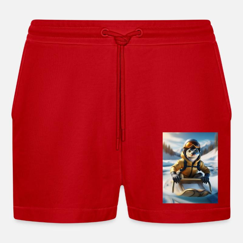 Eine Echse bei einer Schlittenfahrt - Organic Relaxed Cropped Shorts Made in EU - Rot