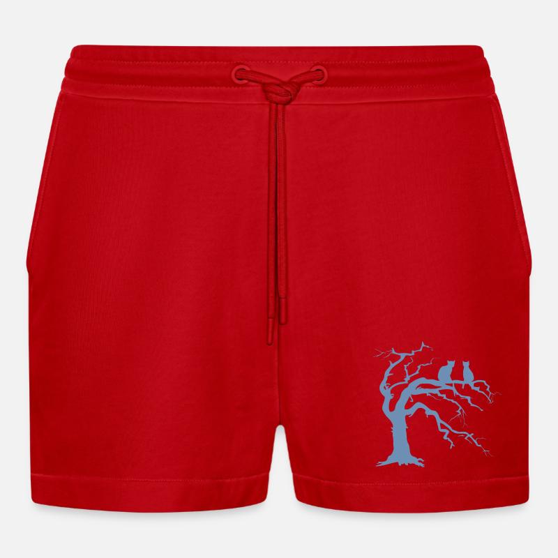Dead tree with 2 cats silhouette - Organic Relaxed Cropped Shorts Made in EU - red