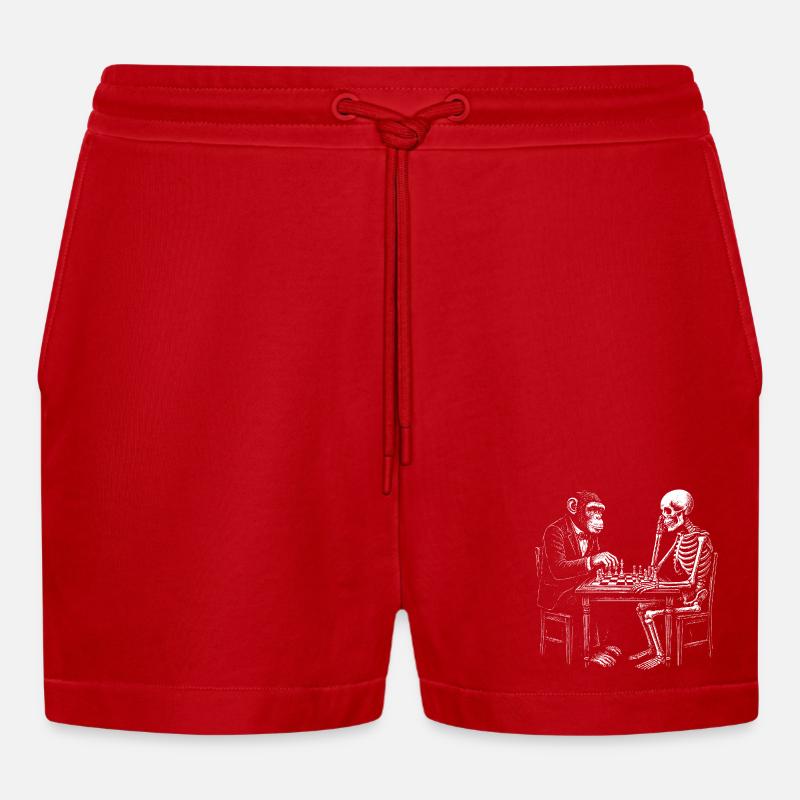 Skeleton and monkey plays chess - Organic Relaxed Cropped Shorts Made in EU - red