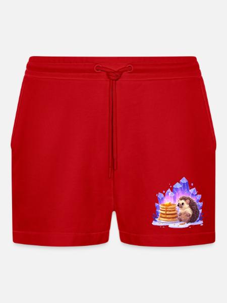 Hedgehog with pancakes and crystals - Organic Relaxed Cropped Shorts Made in EU - red