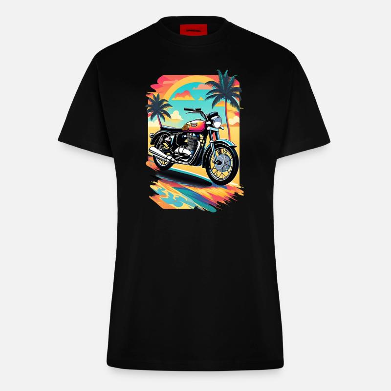 Retro motorcycle on a tropical beach - Fitted T-Shirt - made by SPREAD - SOLID BLACK
