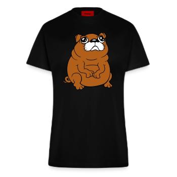 Pug dog sits small begging dick looks sad - Fitted T-Shirt - made by SPREAD - SOLID BLACK - Front