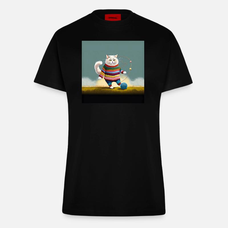 Katze im Strick Schick - Fitted T-Shirt - made by SPREAD - SOLID BLACK