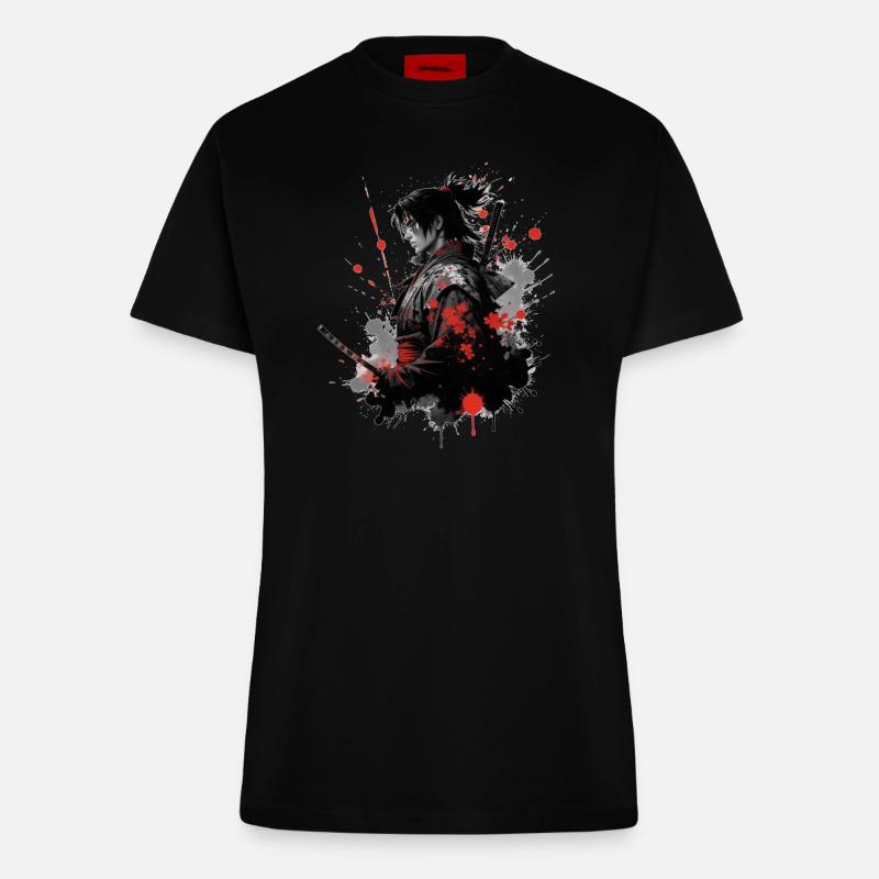Samurai Krieger Wasserfarben Design - Fitted T-Shirt - made by SPREAD - SOLID BLACK