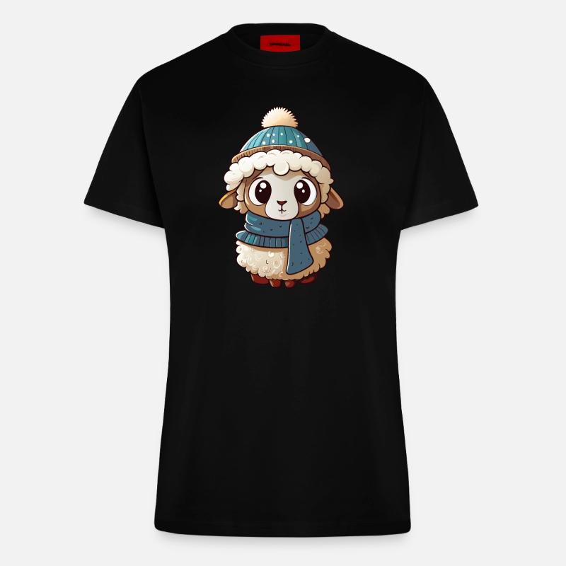 Cute sheep with scarf and bobble hat. - Fitted T-Shirt - made by SPREAD - SOLID BLACK