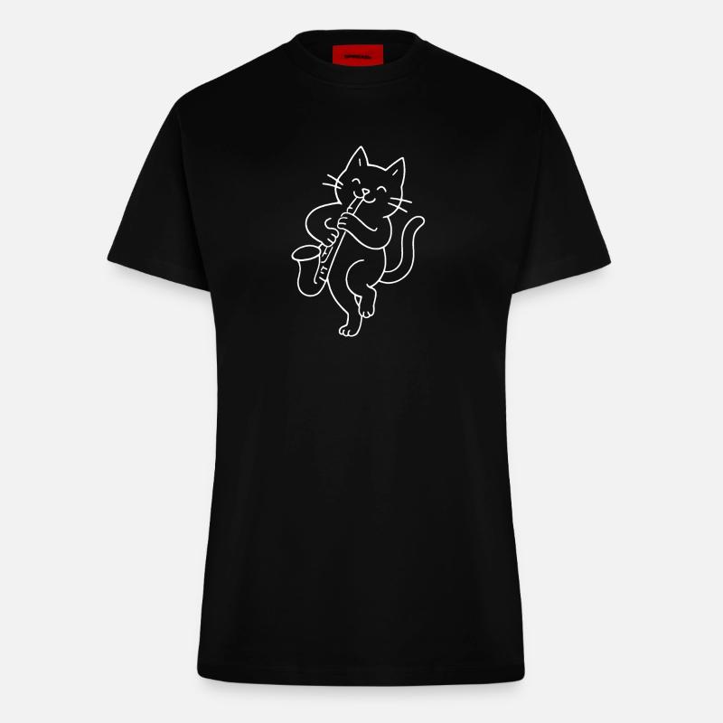 Cat plays saxophone - Fitted T-Shirt - made by SPREAD - SOLID BLACK