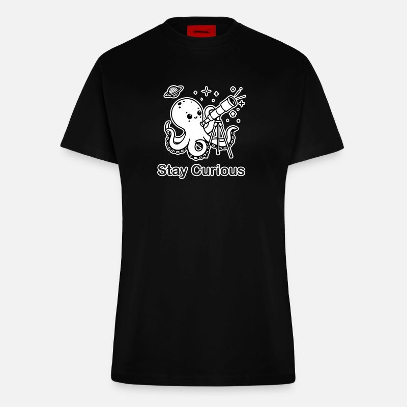 Oktopus schaut durch das Teleskop - Bleiben Sie neugierig - Fitted T-Shirt - made by SPREAD - SOLID BLACK