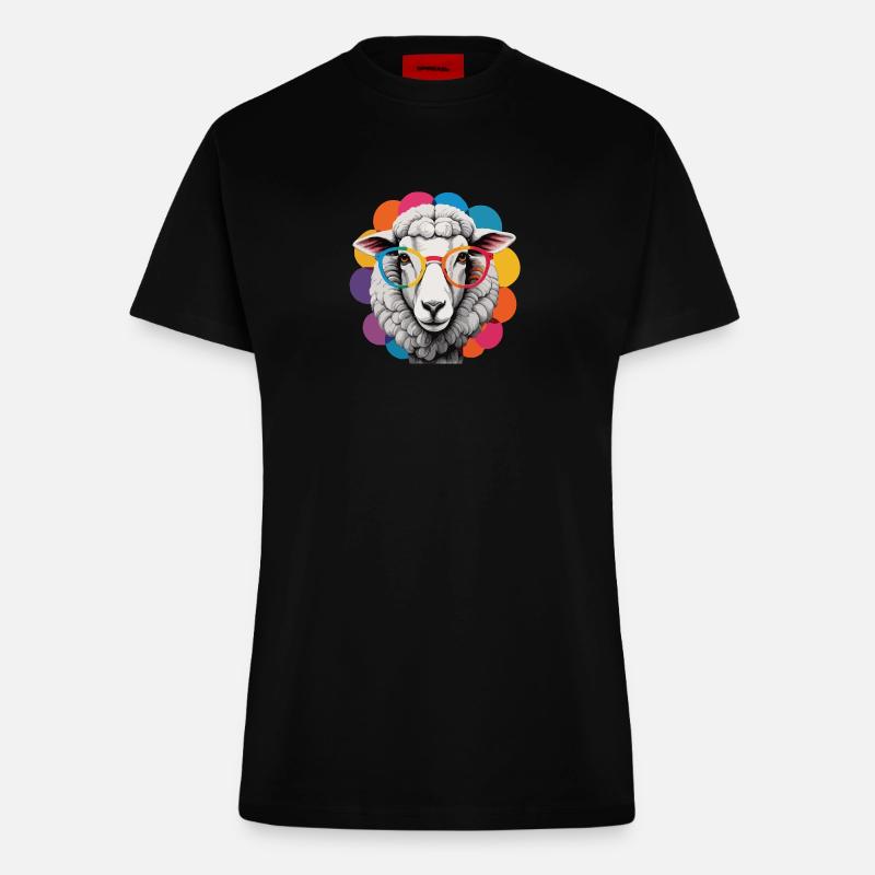 Schaf cool flauschig mit Brille bunter Hintergrund - Fitted T-Shirt - made by SPREAD - SOLID BLACK