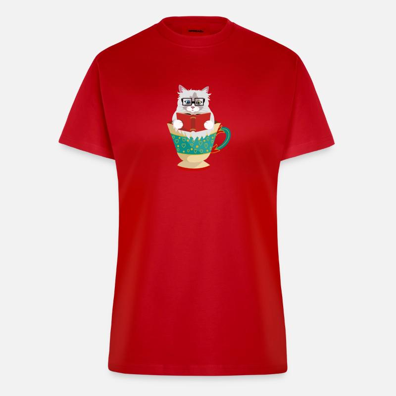 Cute Ragdoll cat reading a book in a coffee cup - Fitted T-Shirt - made by SPREAD - red