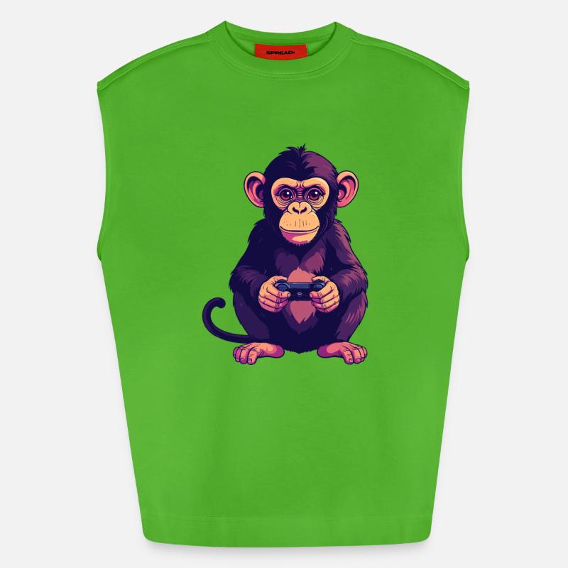 Monkey on controller playing console gaming - Heavyweight Oversized Organic Tank Top Made in EU - Apple Neon