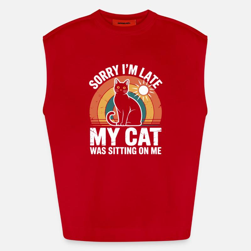 Lo siento, llego tarde. Mi gato estaba sentado sobre mí - Camiseta de tirantes oversize de gran gramaje y ecológica fabricada en la UE - rojo