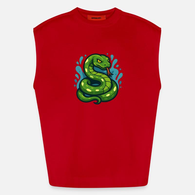 Green Tree Python Snake in Wave - Heavyweight Oversized Organic Tank Top Made in EU - red