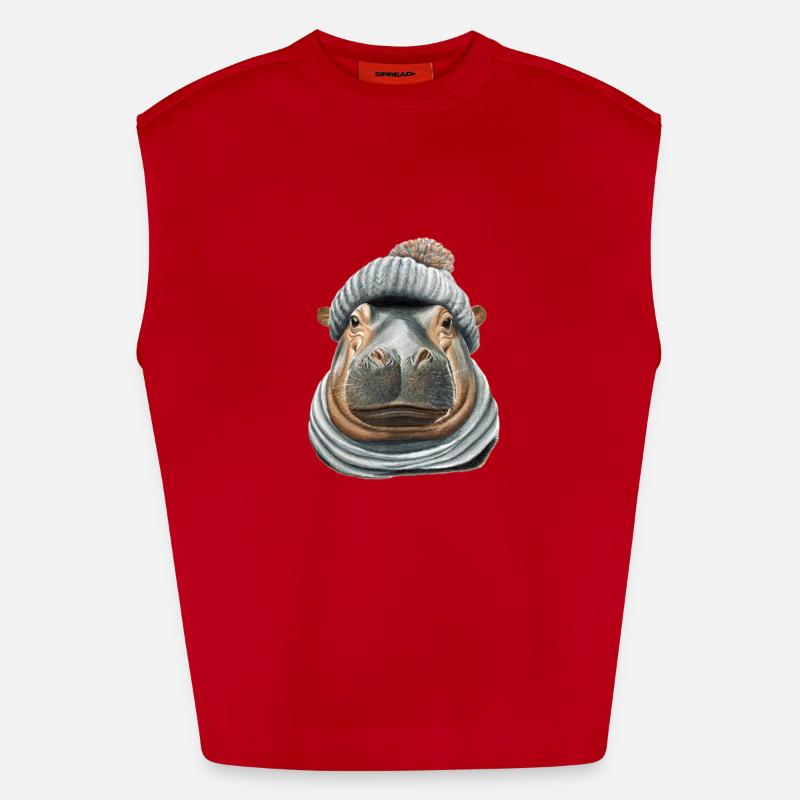 Hippopotamus Bobble Hat - Heavyweight Oversized Organic Tank Top Made in EU - red