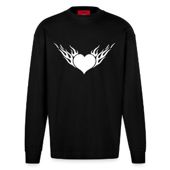 Feuerherz / Fire Heart 1c - Heavyweight Oversized Organic Langarmshirt Made in EU - SOLID BLACK - Vorne