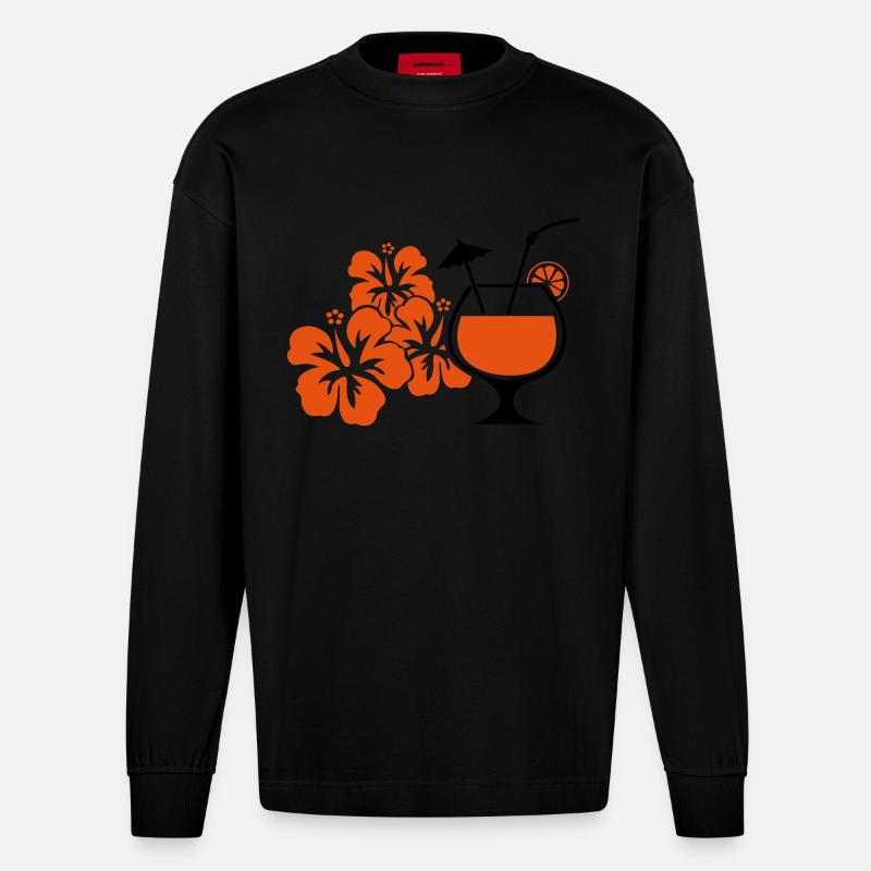 hawaii_blumen_cocktail - Heavyweight Oversized Organic Langarmshirt Made in EU - SOLID BLACK