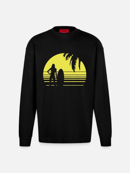 BEACH SURFING GIRL PALME 1C - Heavyweight Oversized Organic Longsleeve Shirt Made in EU - SOLID BLACK