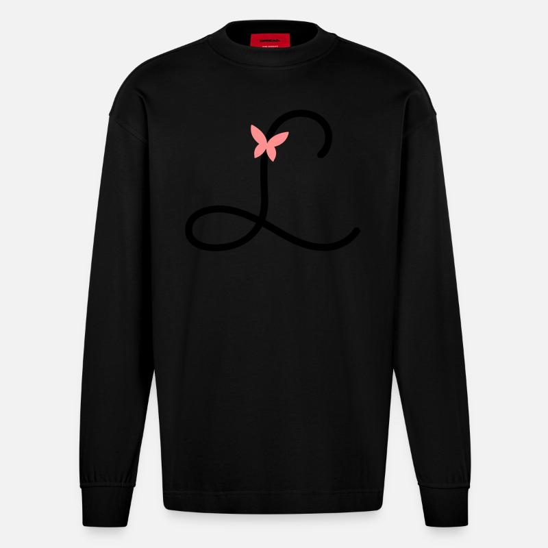 Buchstabe L Schmetterlingsbuchstabe - Heavyweight Oversized Organic Langarmshirt Made in EU - SOLID BLACK