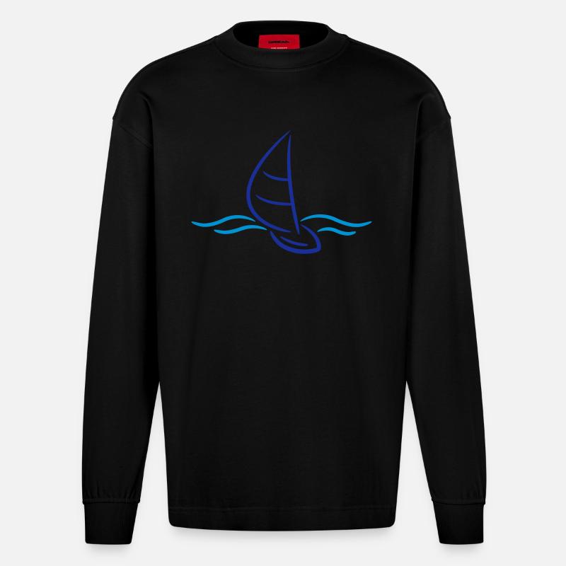 Sailing Boad And Waves Logo - Manches longues bio épais oversize fabriqué en UE - SOLID BLACK