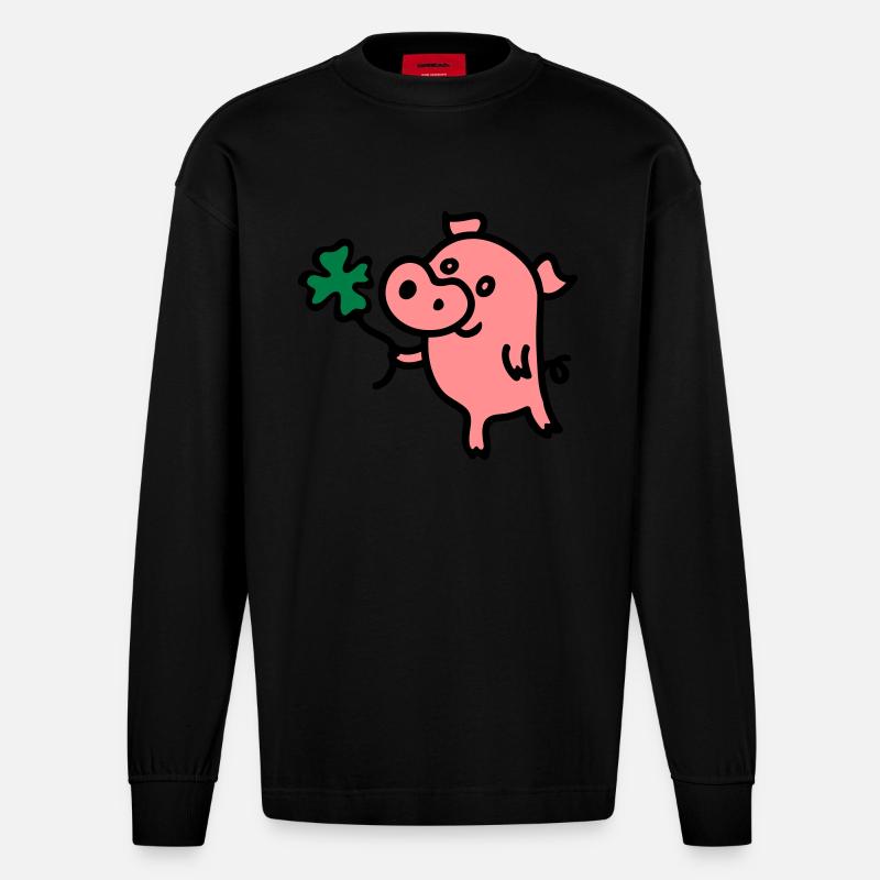 Schweinchen Klee 3 - Heavyweight Oversized Organic Langarmshirt Made in EU - SOLID BLACK
