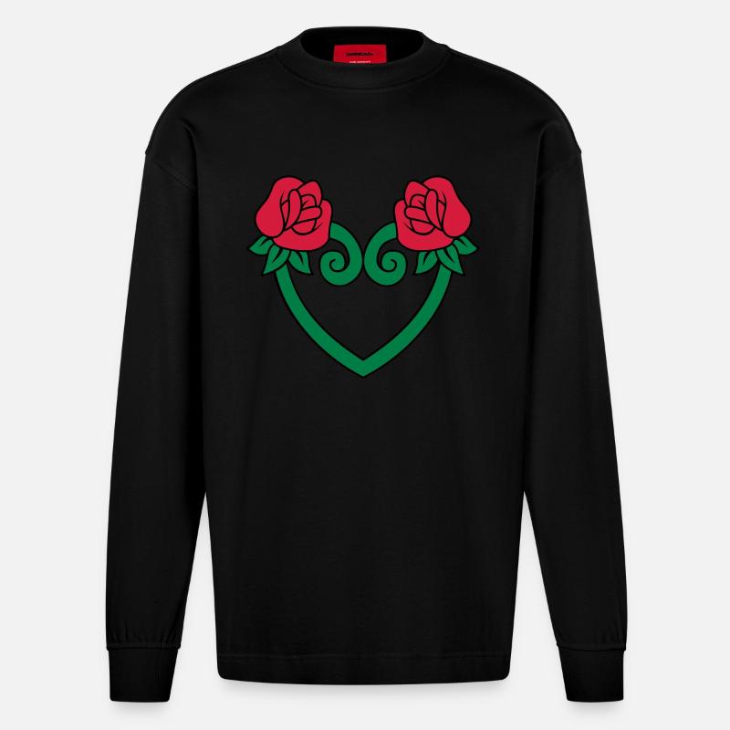 Rose Blumen-Herz 3c - Heavyweight Oversized Organic Langarmshirt Made in EU - SOLID BLACK
