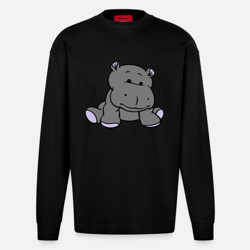 Hippo- / Nilpferd- / Flusspferd-Baby (3C) - Heavyweight Oversized Organic Langarmshirt Made in EU - SOLID BLACK